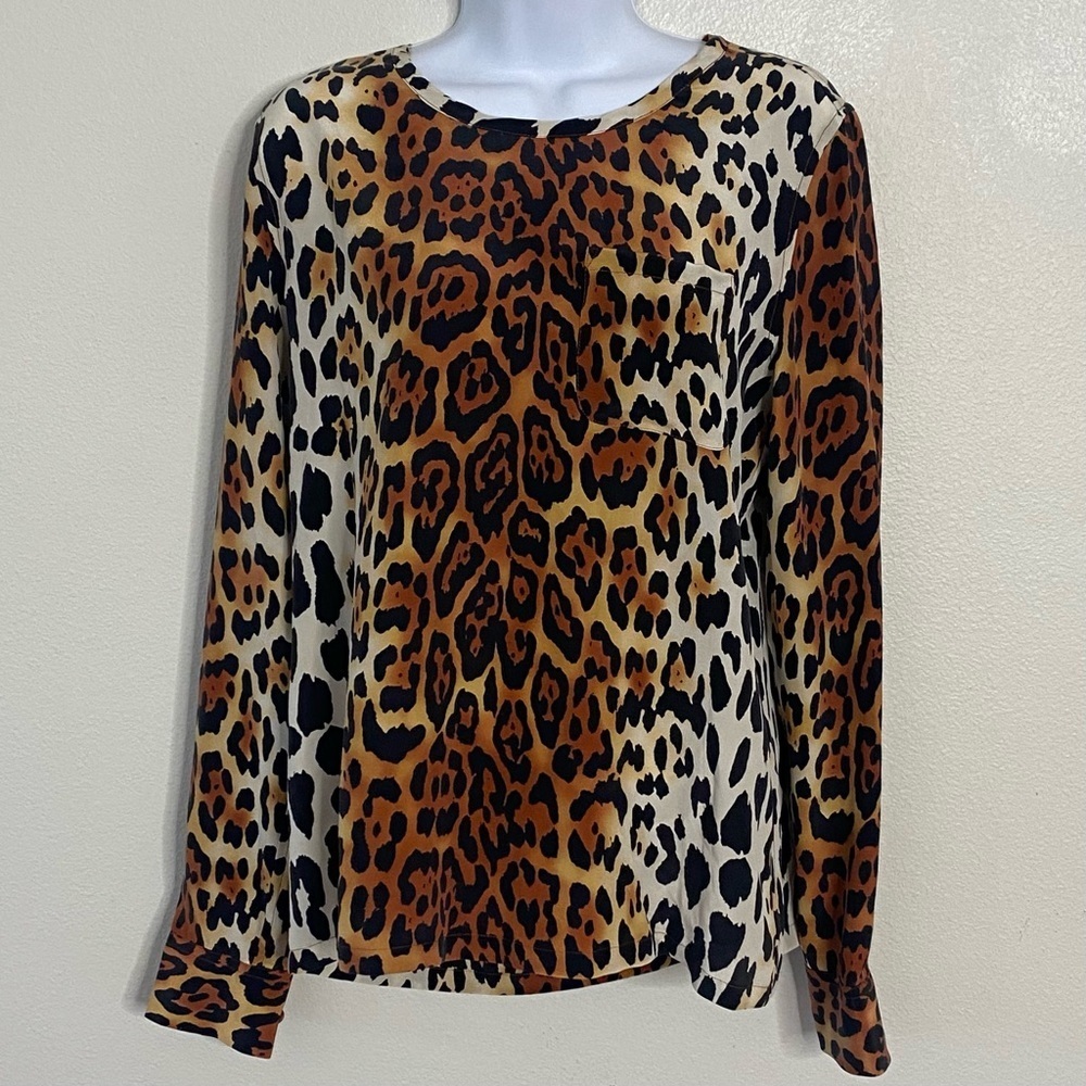 Equipment Women's Leopard Print Blouse Small Silk Brown Black Long Sleeve Top